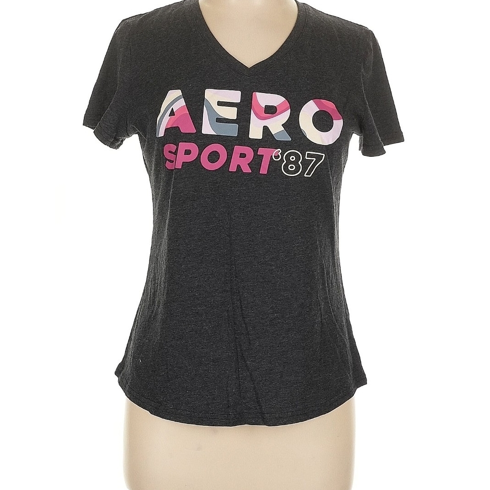 Aeropostale Charcoal V-Neck Graphic Tee with Pink & White Accents